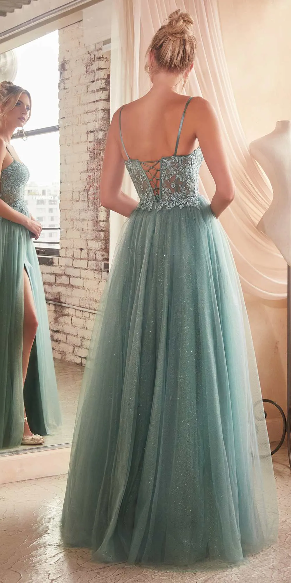 Ladivine C150 Long Lace Applique Glitter Tulle Ball Gown