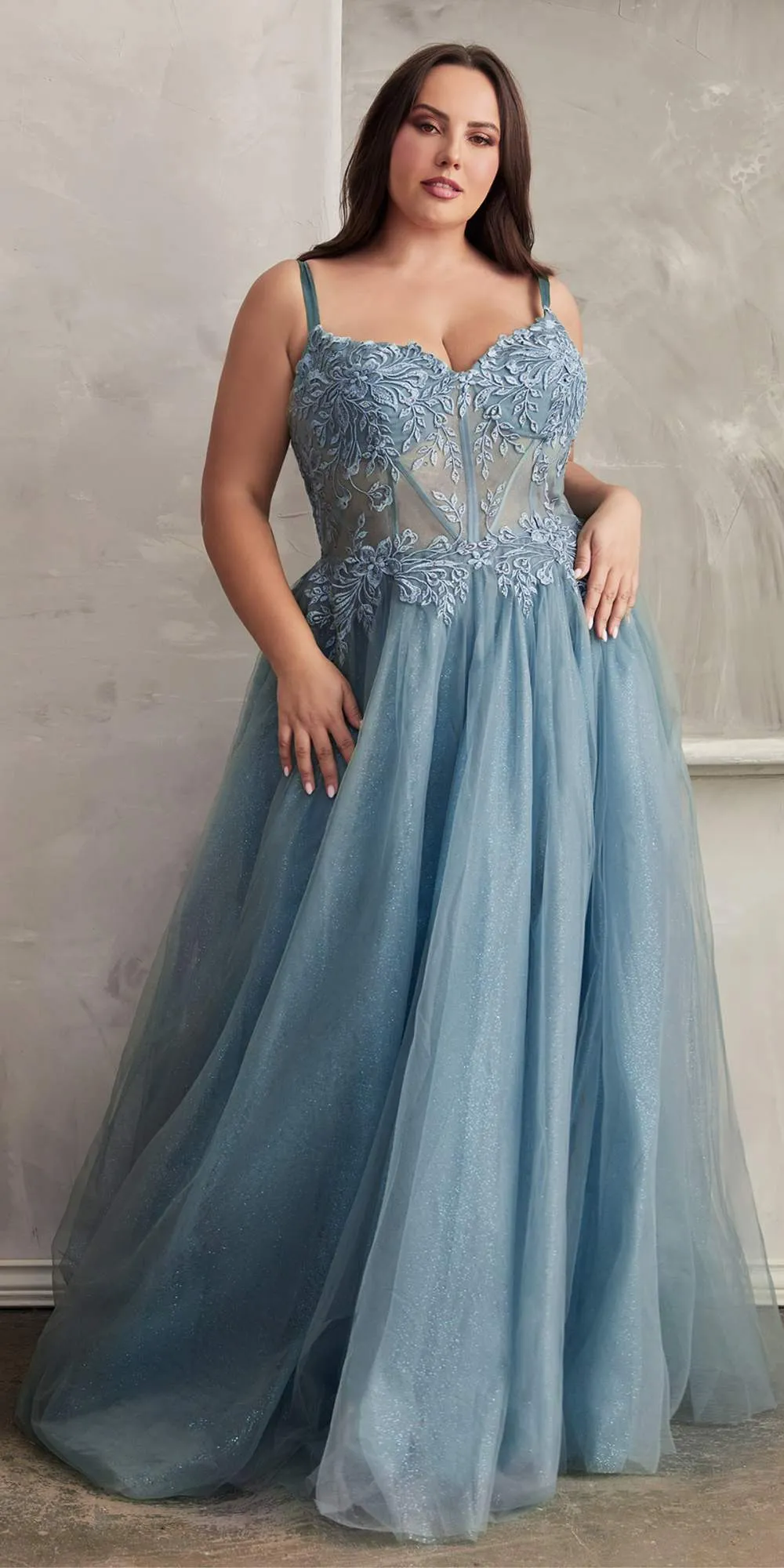 Ladivine C150 Long Lace Applique Glitter Tulle Ball Gown