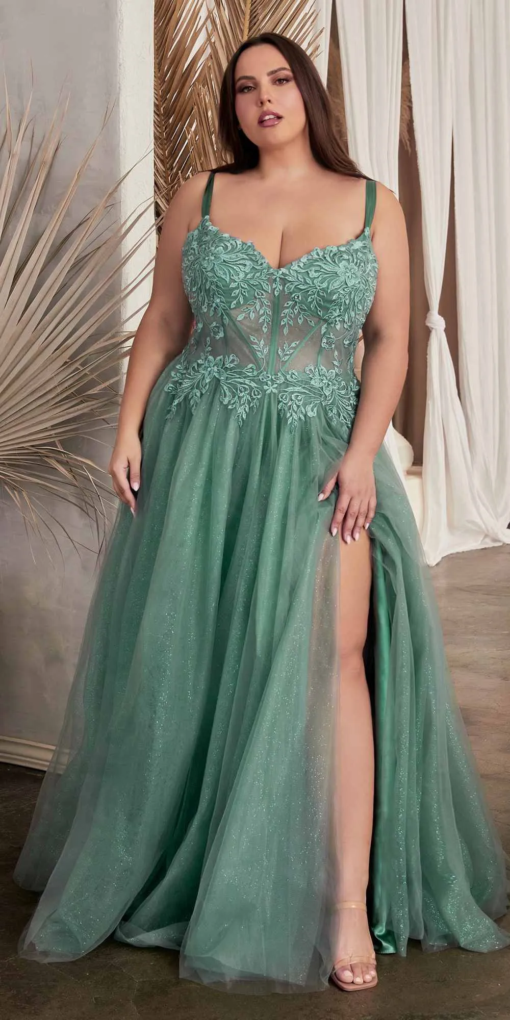 Ladivine C150 Long Lace Applique Glitter Tulle Ball Gown