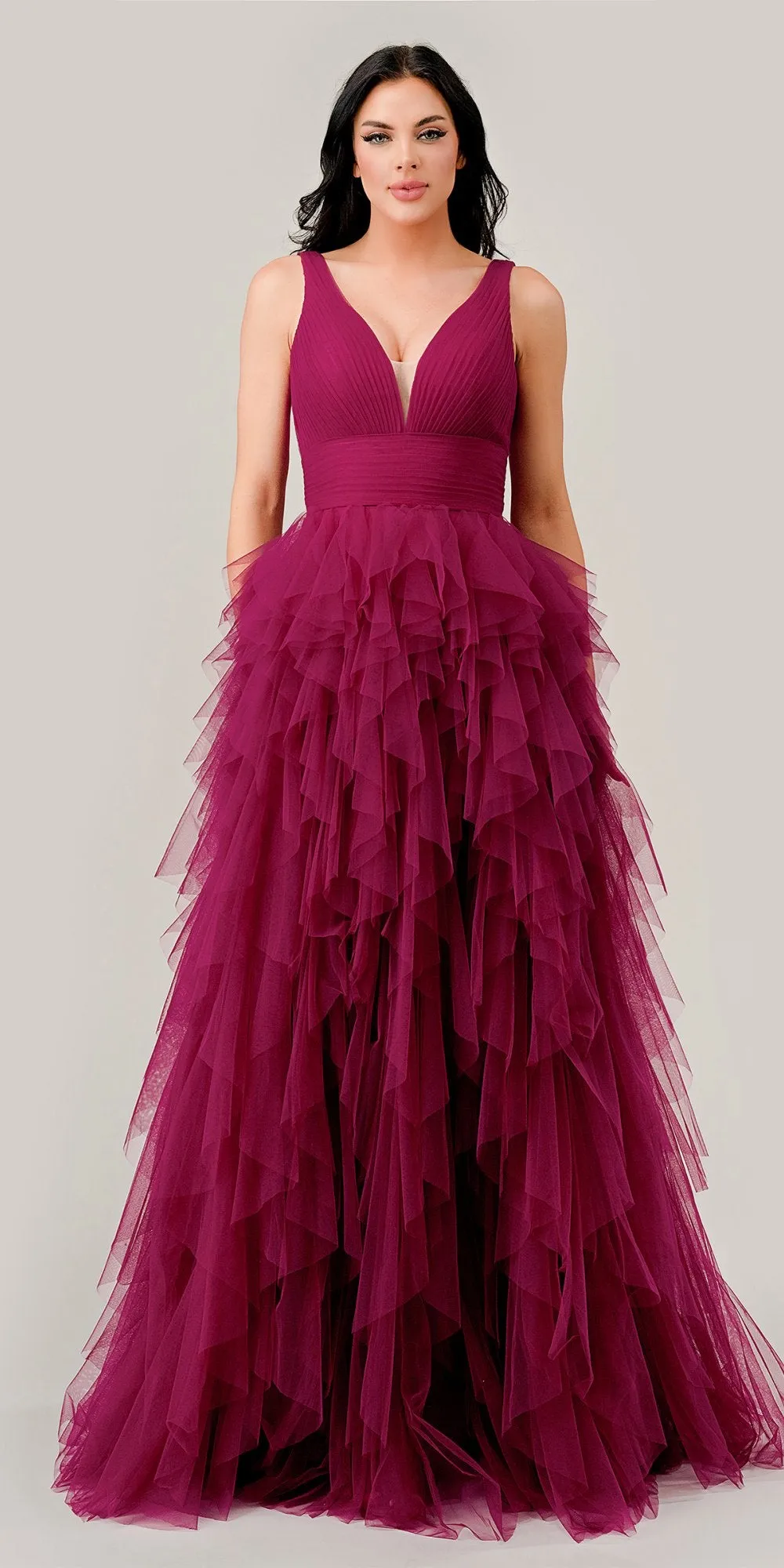 Ladivine CD347 Long Layered Tiered Tulle V-Neck A-Line Dress