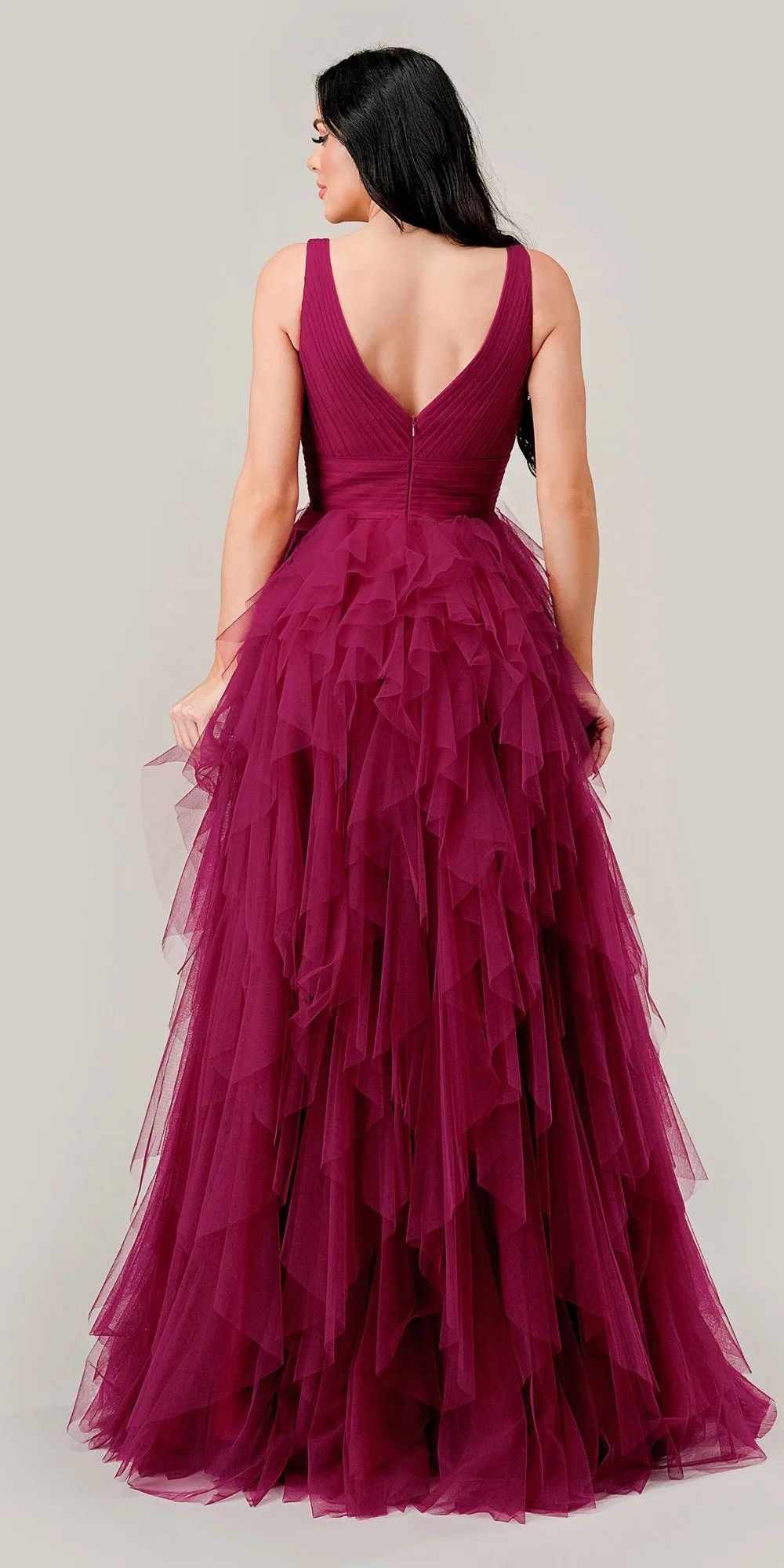 Ladivine CD347 Long Layered Tiered Tulle V-Neck A-Line Dress
