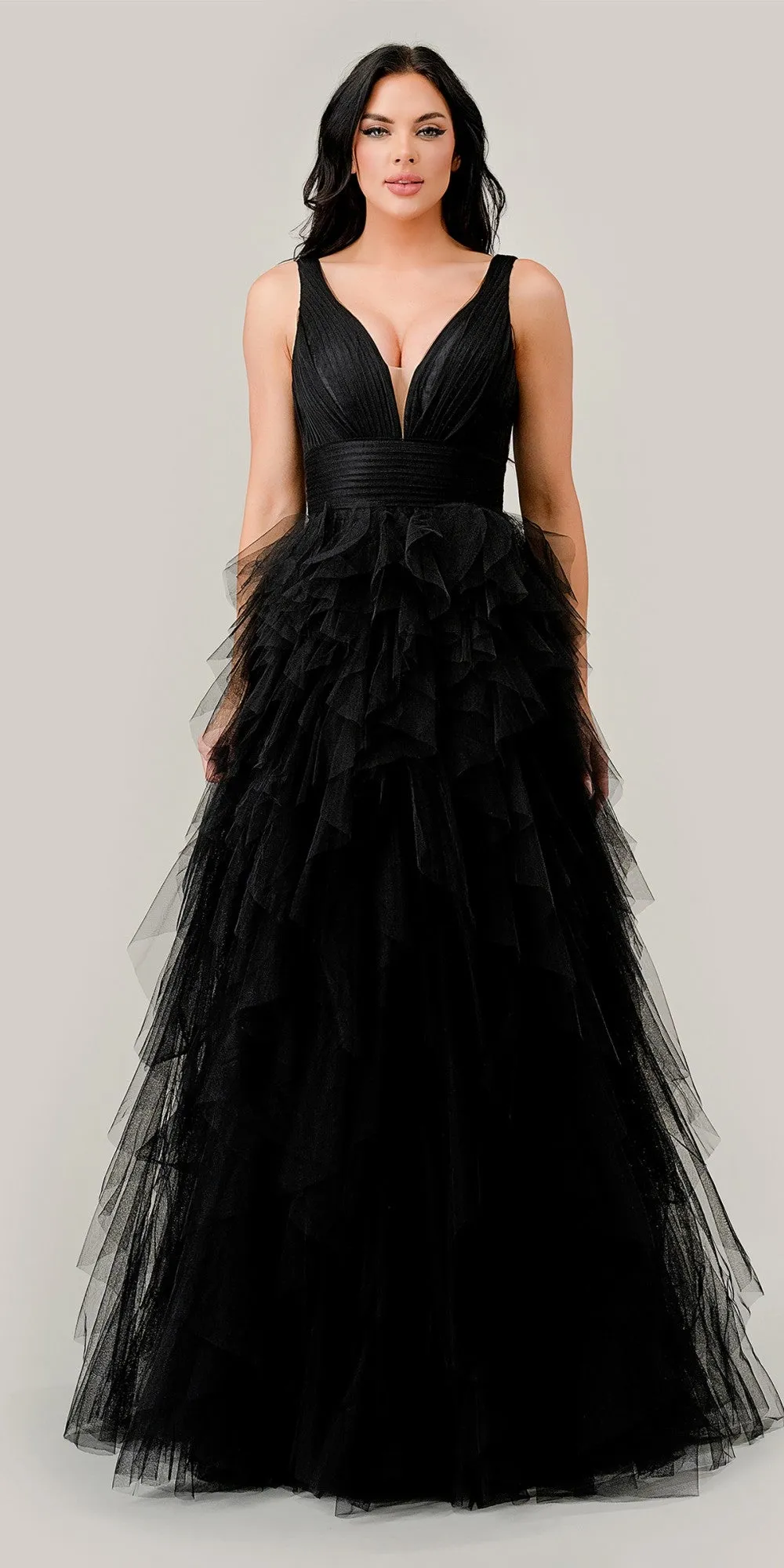 Ladivine CD347 Long Layered Tiered Tulle V-Neck A-Line Dress