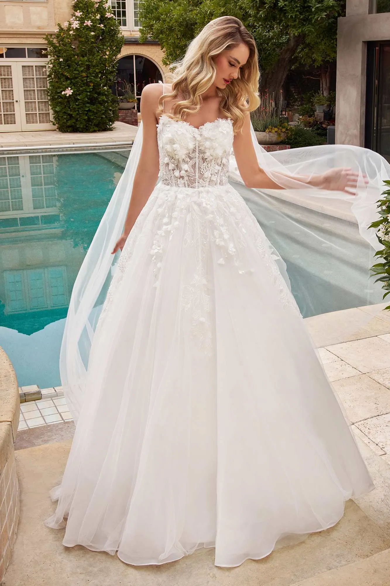 Ladivine CDS437W Long Princess A-Line Floral Applique Tulle Wedding Ball Gown
