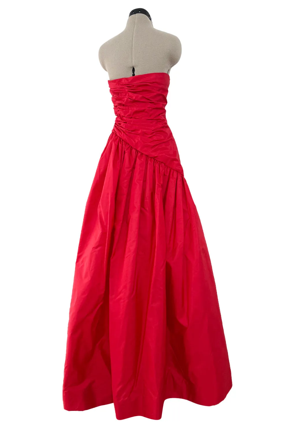 Late 1970s Unlabeled Strapless Red Silk Dress w Gathered Bodice & Full Skirt