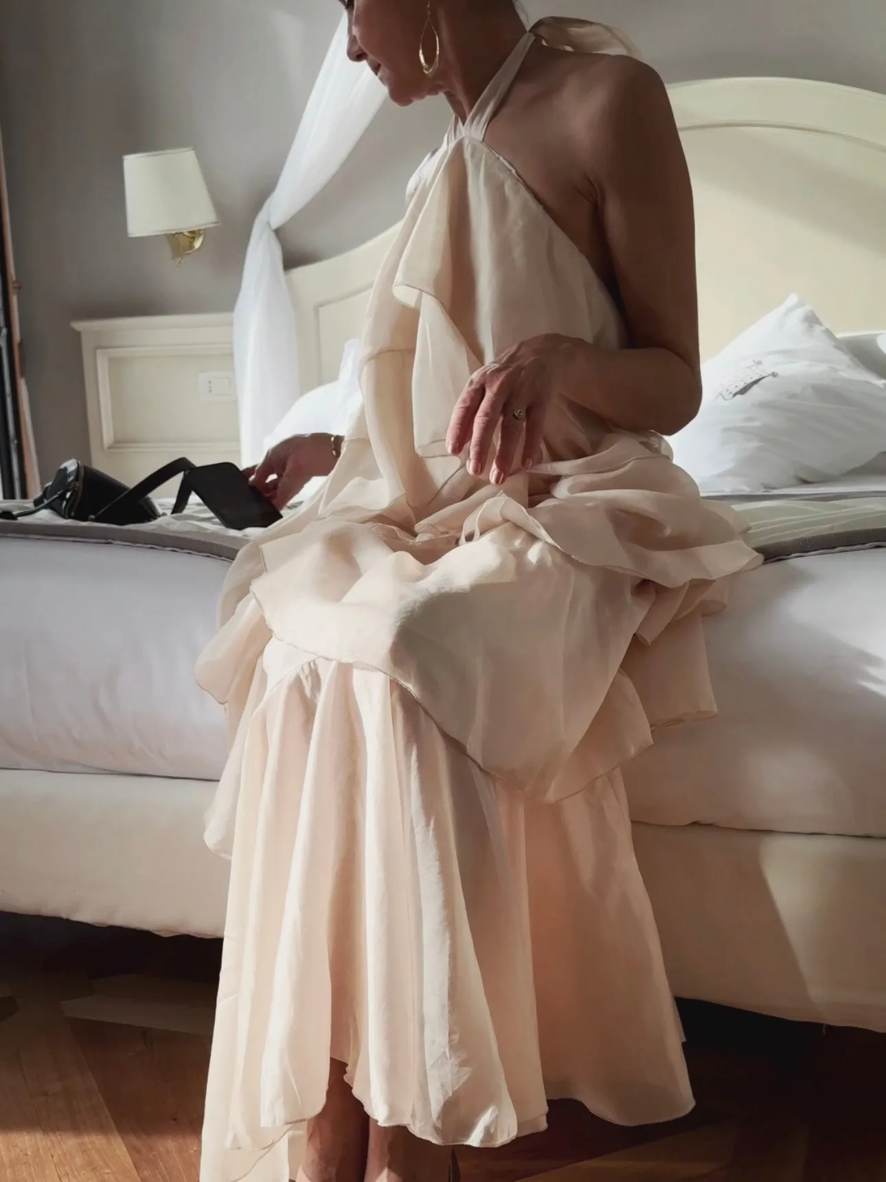 LAYERED HALTER NECK DRESS - CREME