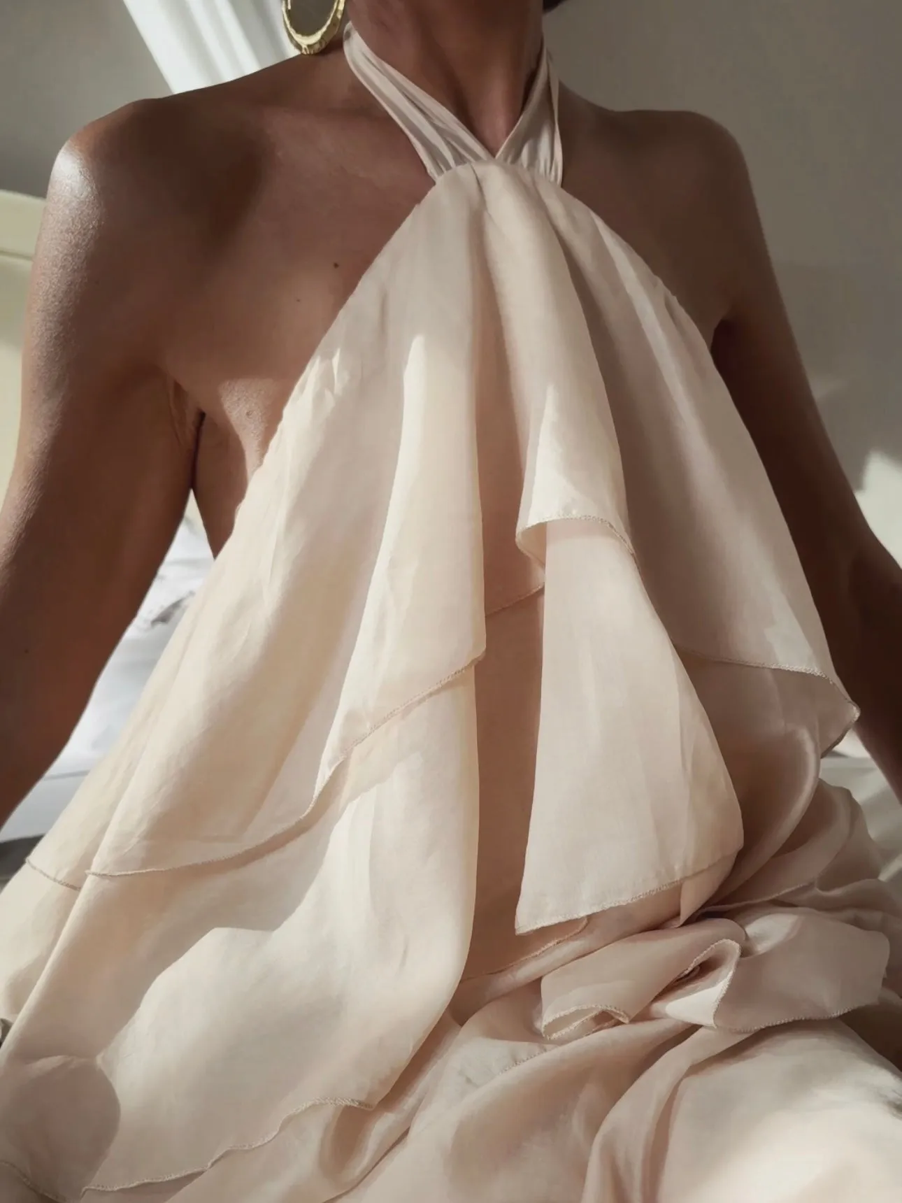 LAYERED HALTER NECK DRESS - CREME