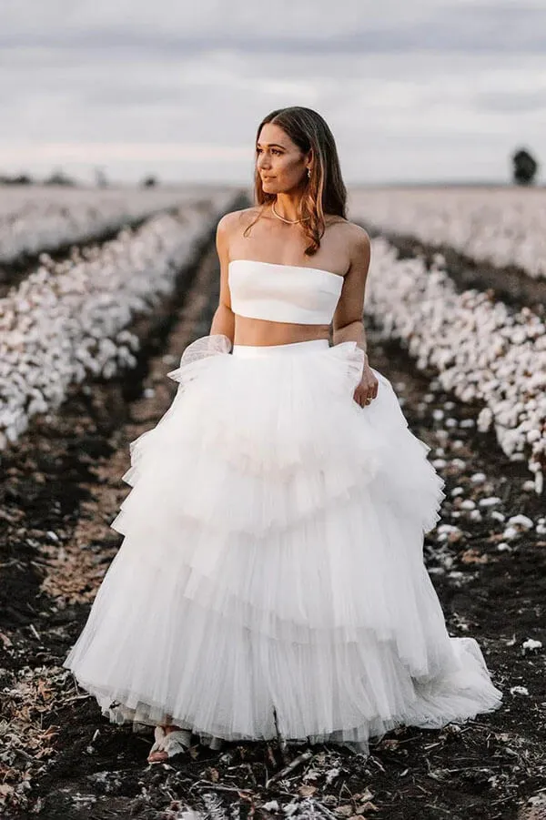 Layered Tulle Two Piece Country Wedding Dresses With Sweep Train, SW681