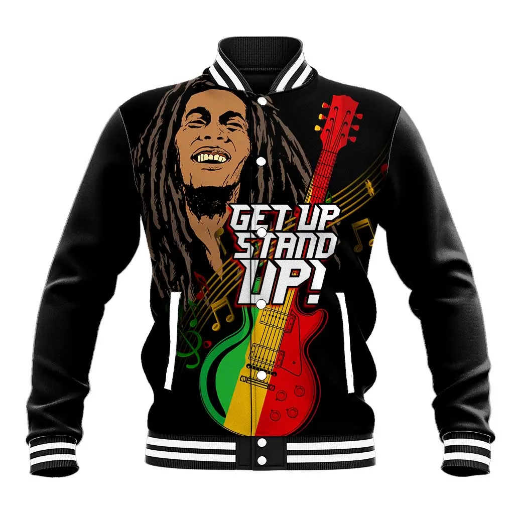 Legend Bob Get Up Stand Up Baseball Jacket Black Jamaican Reggae Multicolored LT9