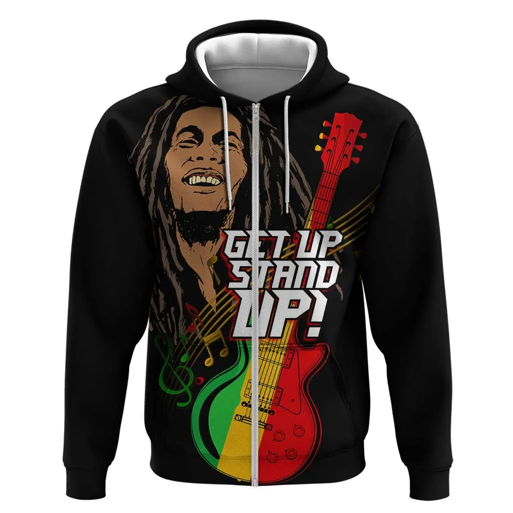 Legend Bob Get Up Stand Up Zip Hoodie Black Jamaican Reggae Multicolored LT9