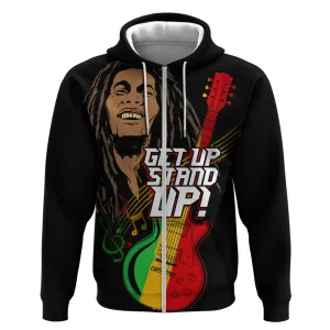 Legend Bob Get Up Stand Up Zip Hoodie Black Jamaican Reggae Multicolored LT9