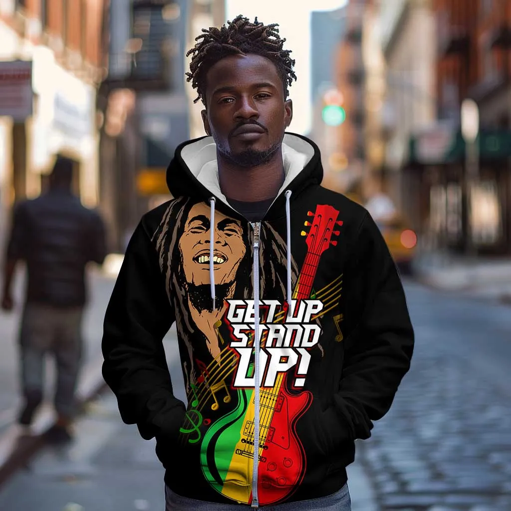 Legend Bob Get Up Stand Up Zip Hoodie Black Jamaican Reggae Multicolored LT9