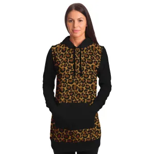 Leopard Print Longline Hoodie Dress With Contrast Black Sleeves, Pocket and Hood