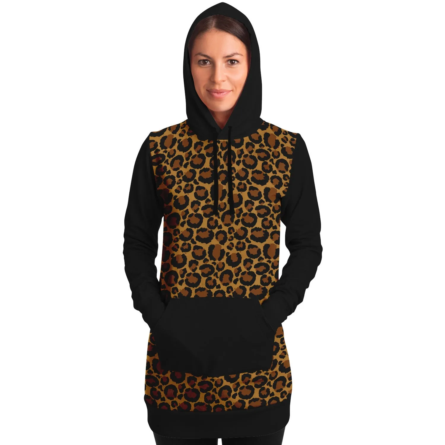 Leopard Print Longline Hoodie Dress With Contrast Black Sleeves, Pocket and Hood