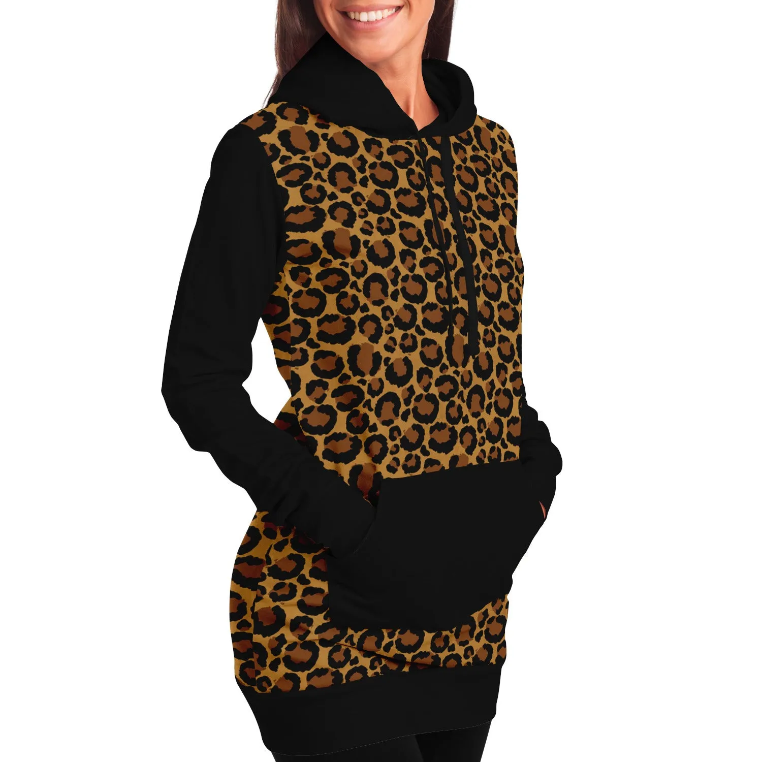 Leopard Print Longline Hoodie Dress With Contrast Black Sleeves, Pocket and Hood