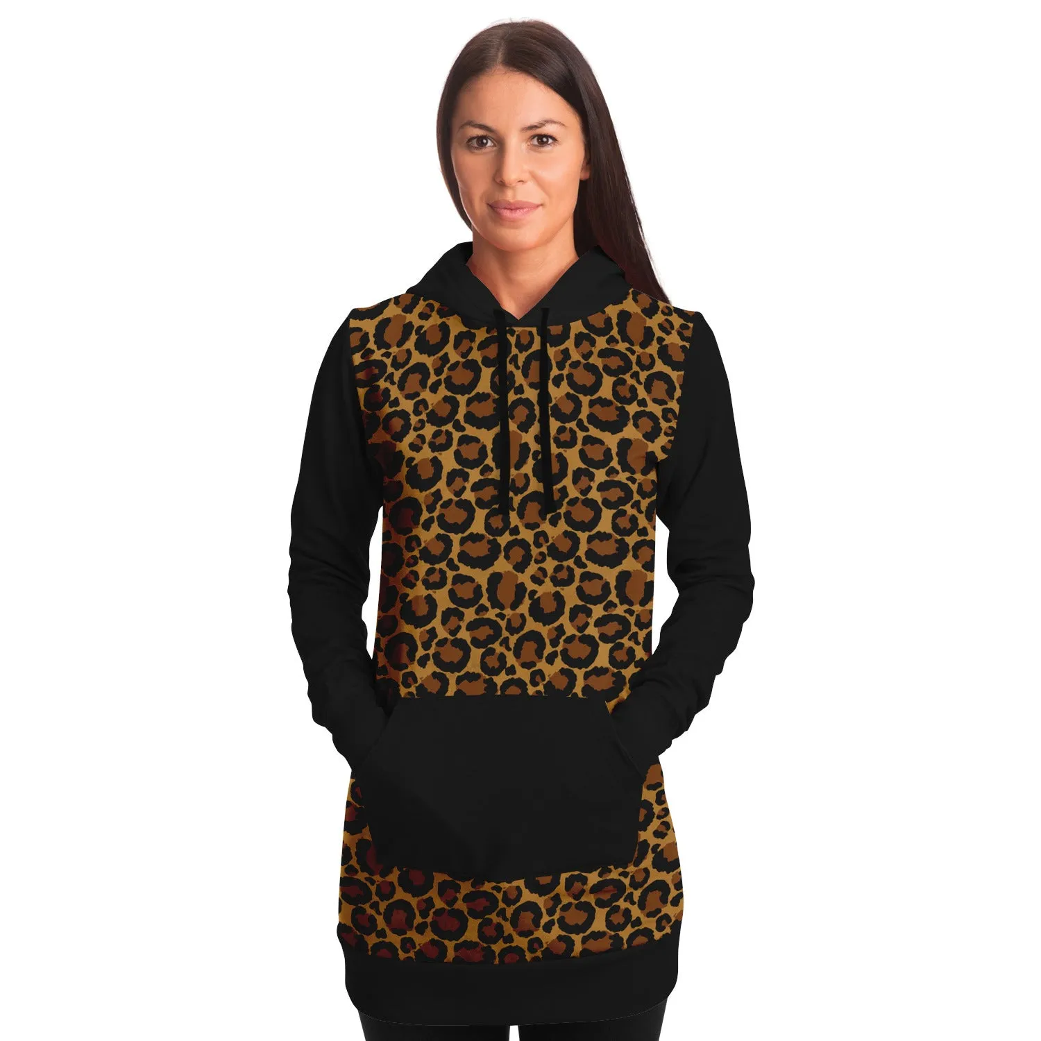 Leopard Print Longline Hoodie Dress With Contrast Black Sleeves, Pocket and Hood