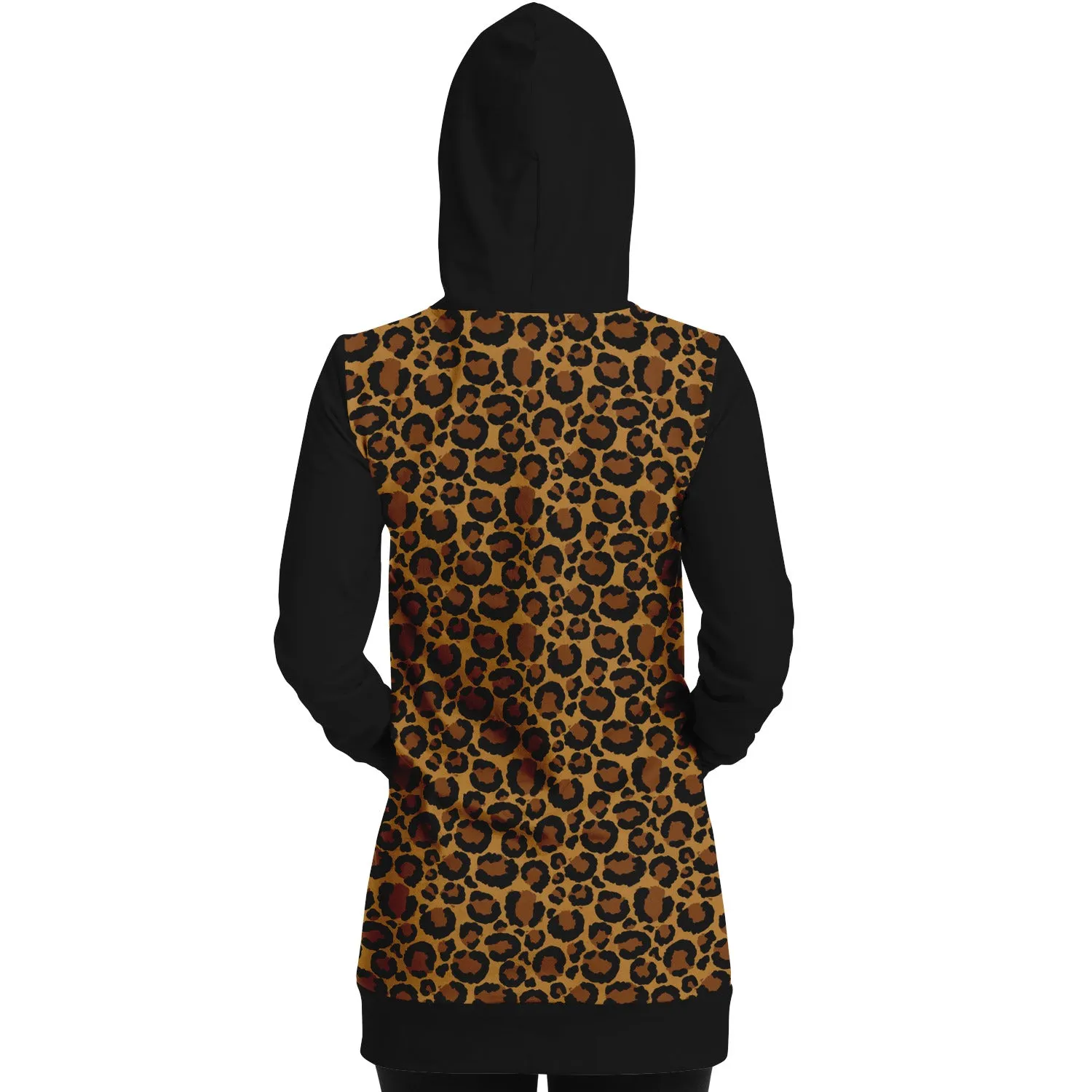 Leopard Print Longline Hoodie Dress With Contrast Black Sleeves, Pocket and Hood