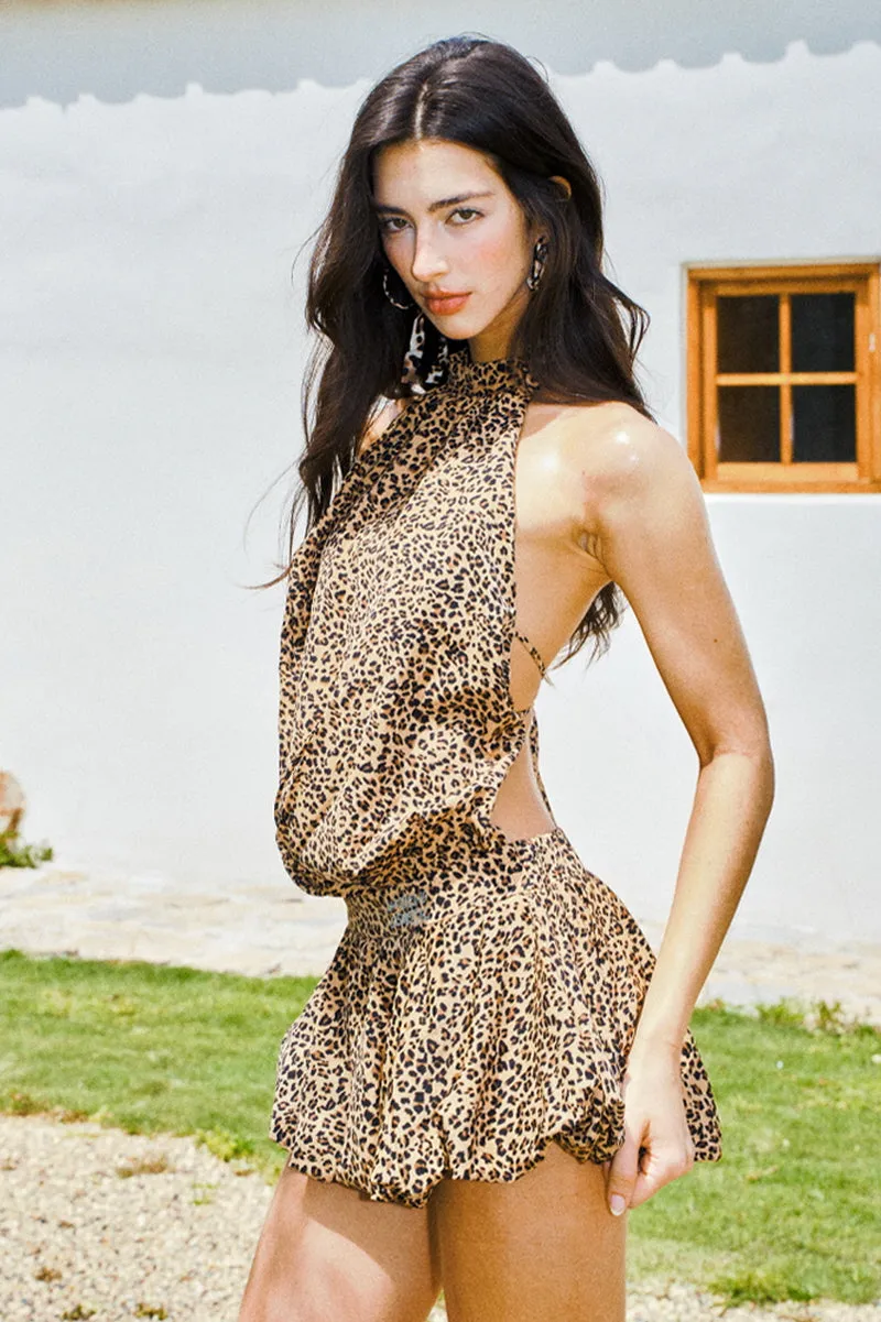 Leopard Ruched Halter Dress