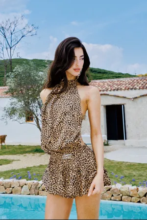 Leopard Ruched Halter Dress