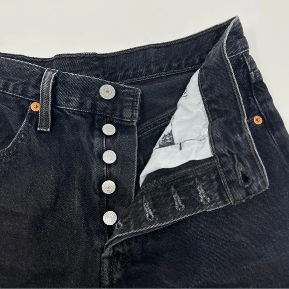 Levi’s 501 Mid Thigh Jean Shorts Women’s 27 Black Wash Distressed Denim