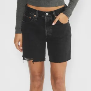 Levi’s 501 Mid Thigh Jean Shorts Women’s 27 Black Wash Distressed Denim