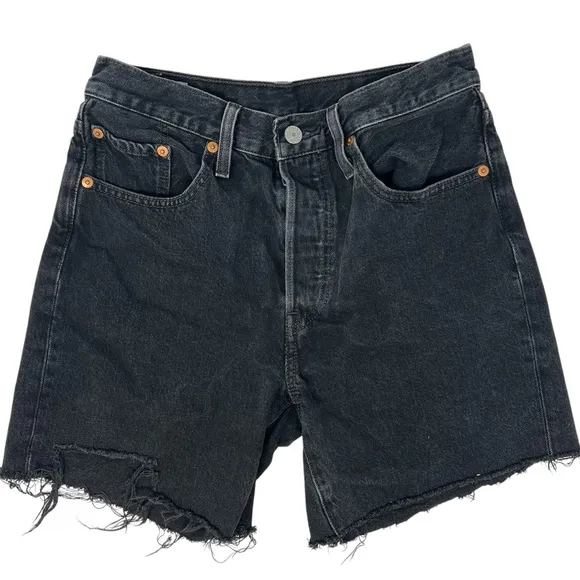 Levi’s 501 Mid Thigh Jean Shorts Women’s 27 Black Wash Distressed Denim