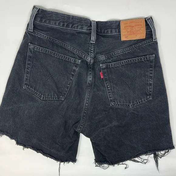 Levi’s 501 Mid Thigh Jean Shorts Women’s 27 Black Wash Distressed Denim