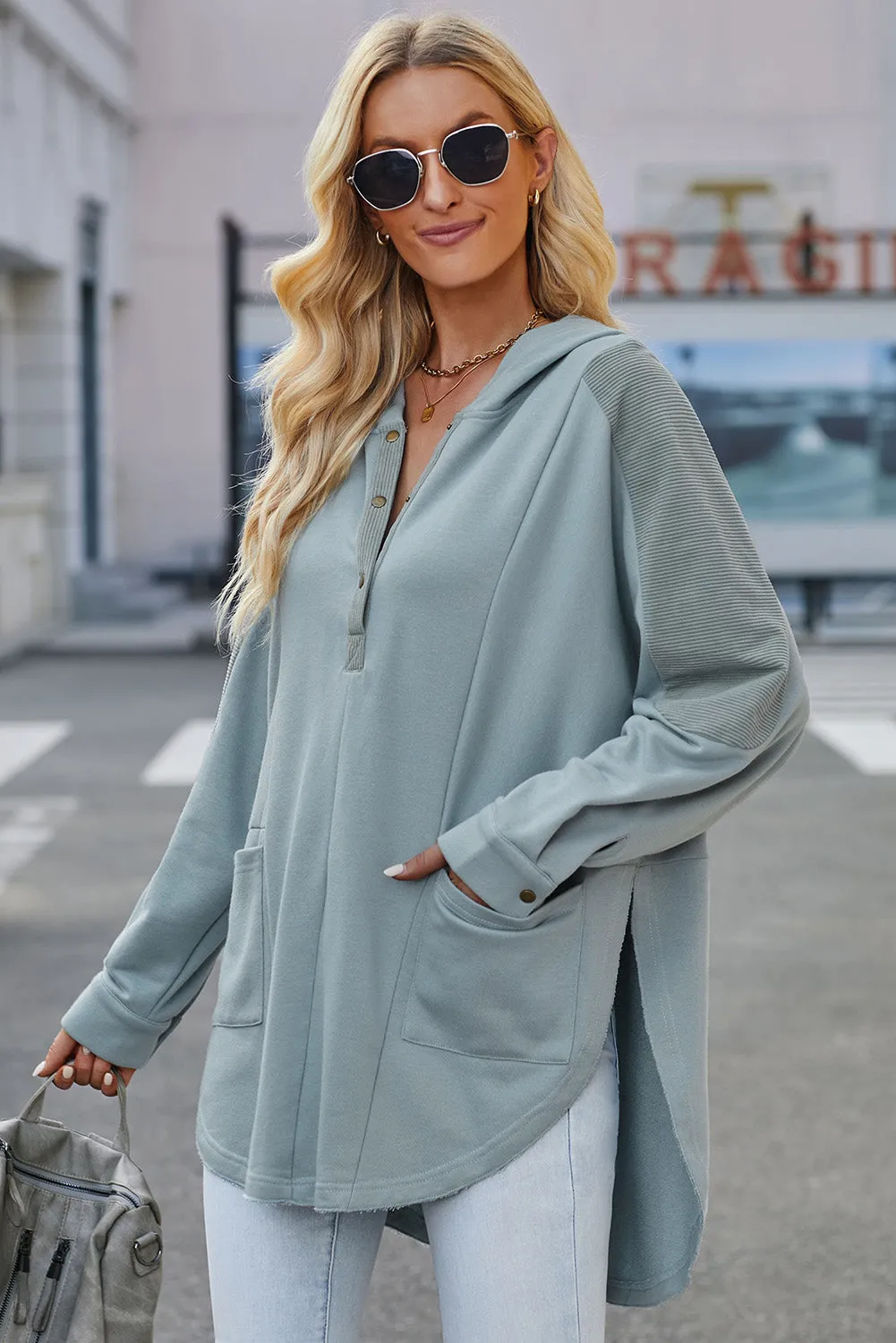 Levy Long Sleeve Buttoned Hoodie with Pockets