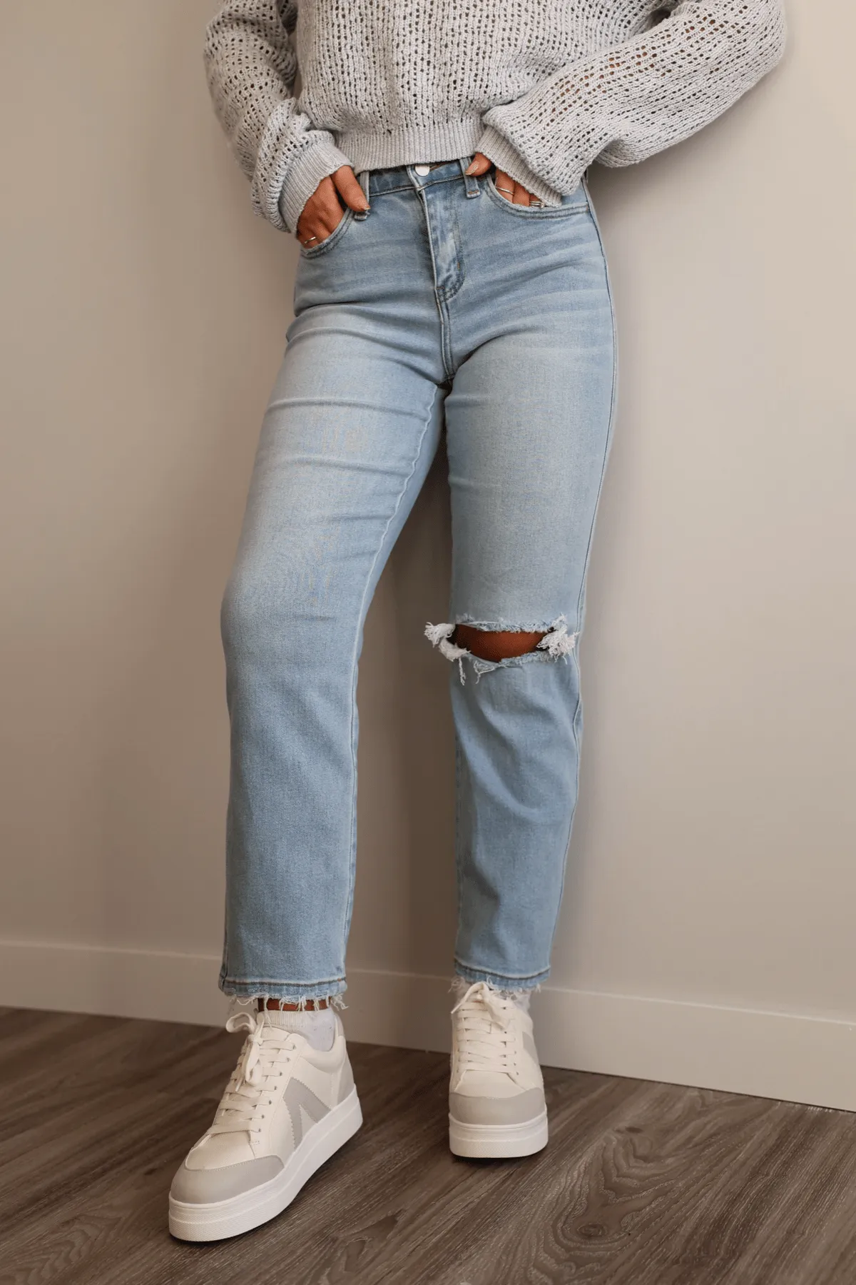 Light Wash Distressed Crop Straight Leg Jeans - FINAL SALE