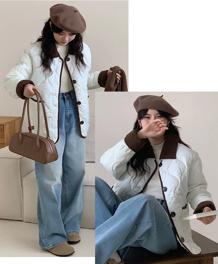 Lightweight Cropped Windproof Button-Up Puffer Jacket for Women