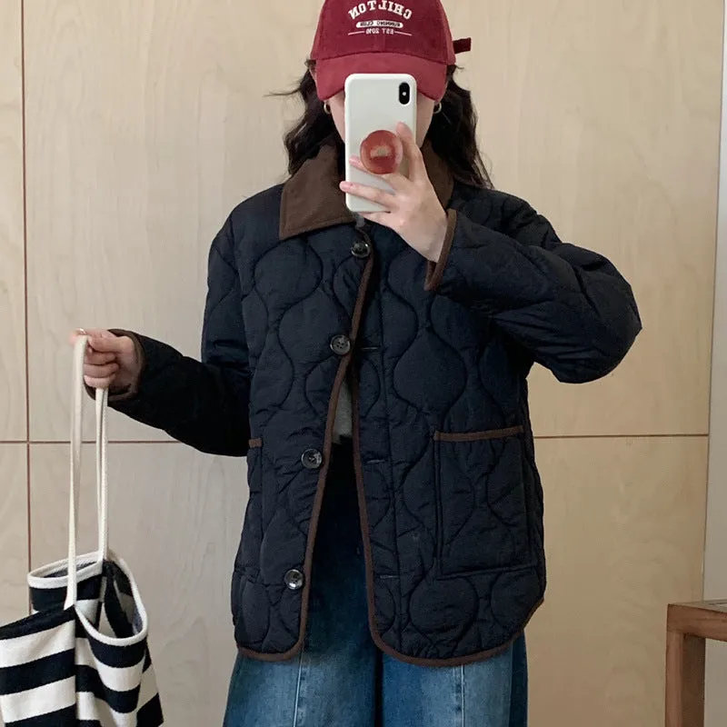 Lightweight Cropped Windproof Button-Up Puffer Jacket for Women
