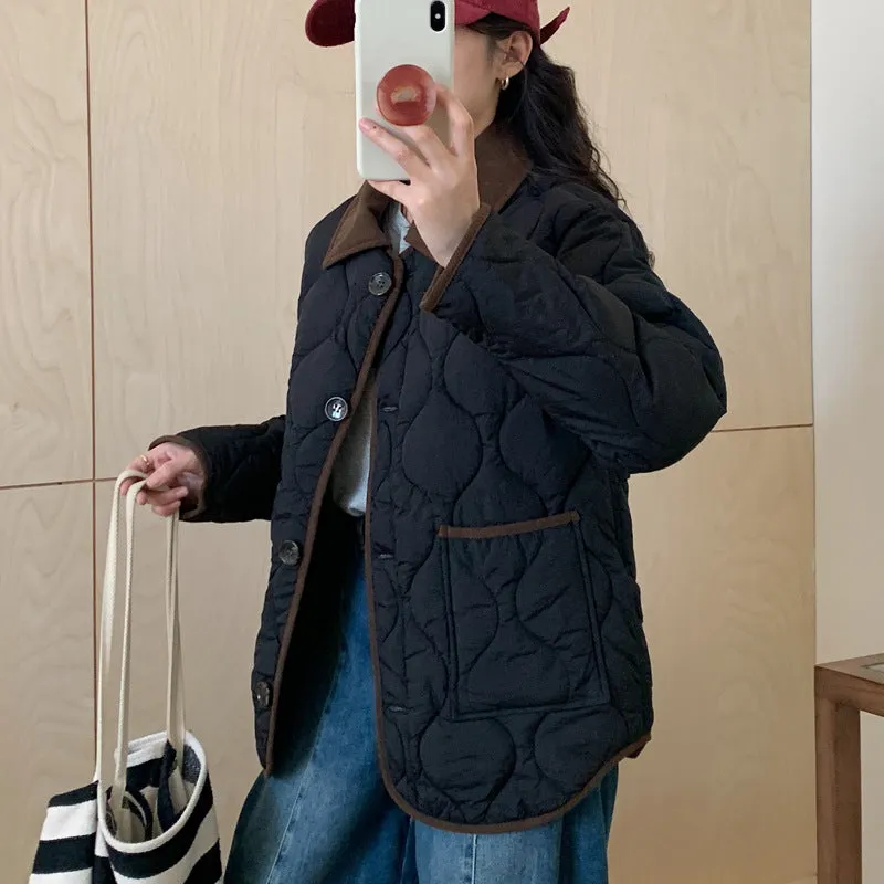Lightweight Cropped Windproof Button-Up Puffer Jacket for Women