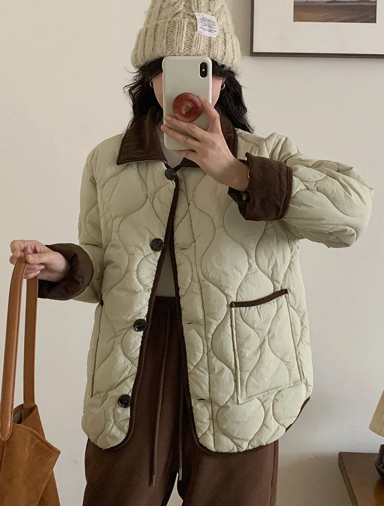 Lightweight Cropped Windproof Button-Up Puffer Jacket for Women