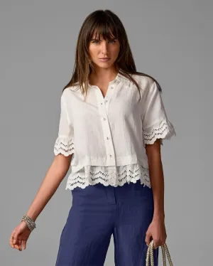 Linen Eyelet Ruffle Top Off White