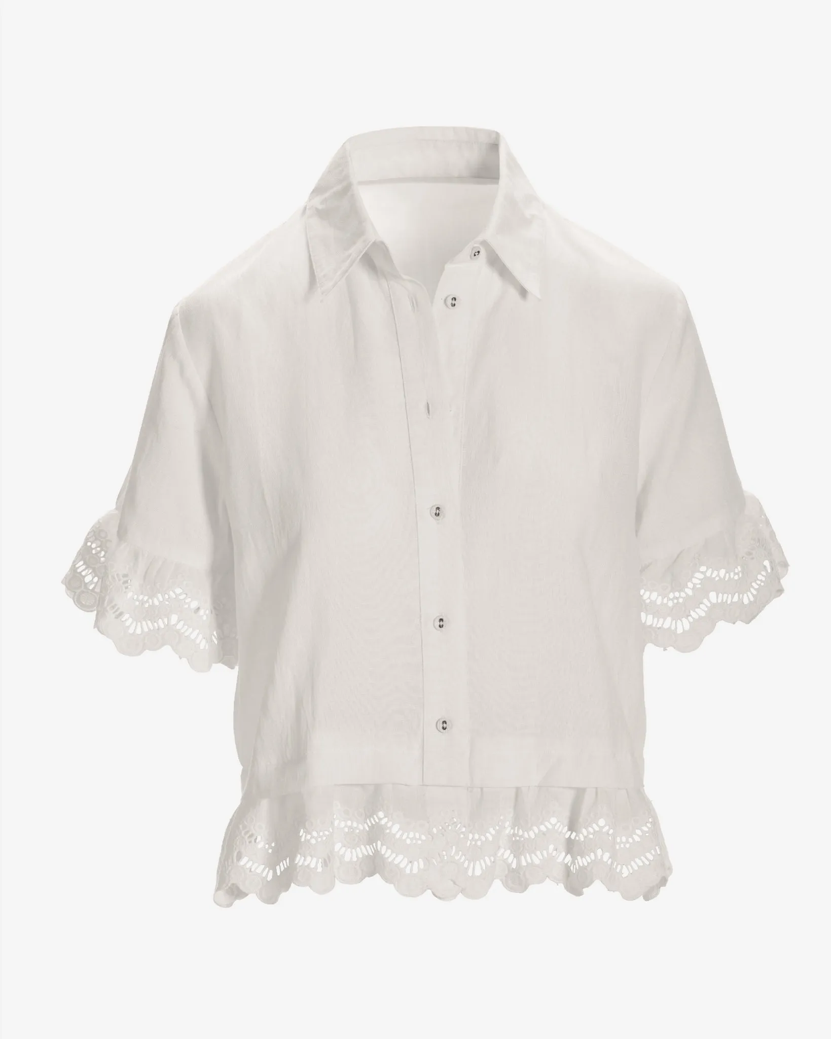Linen Eyelet Ruffle Top Off White