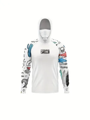 [Long Sleeve Hooded Rash Guard] FRENESI Men'S Hooded Rash Guard with Face Mask, Quick-Dry Long Sleeve Fishing Shirt, Polyester Spandex Blend, Minimalist Style High Stretch Fabric, Ideal for Sports & Casual Wear - Spring/Fall, Summer