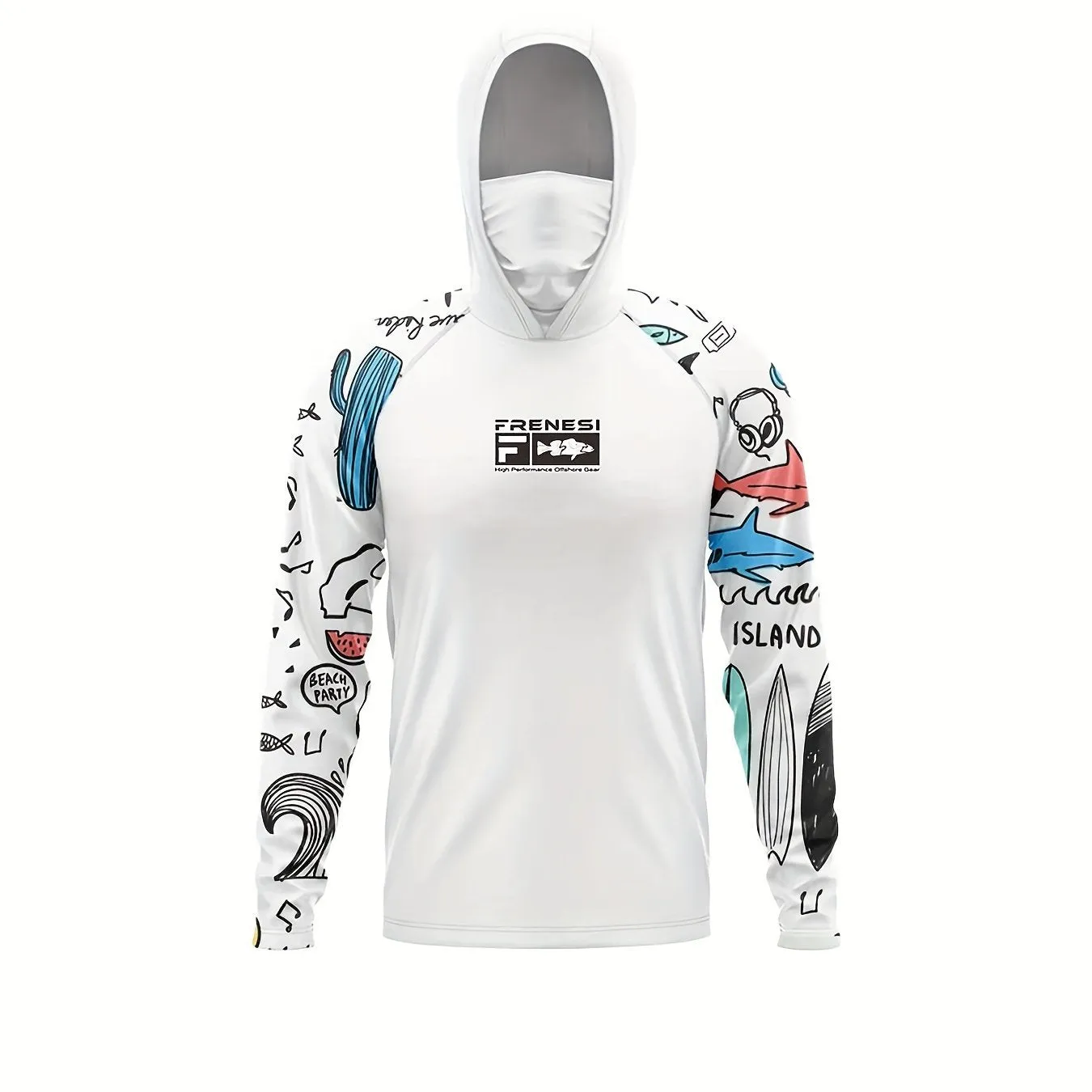 [Long Sleeve Hooded Rash Guard] FRENESI Men'S Hooded Rash Guard with Face Mask, Quick-Dry Long Sleeve Fishing Shirt, Polyester Spandex Blend, Minimalist Style High Stretch Fabric, Ideal for Sports & Casual Wear - Spring/Fall, Summer