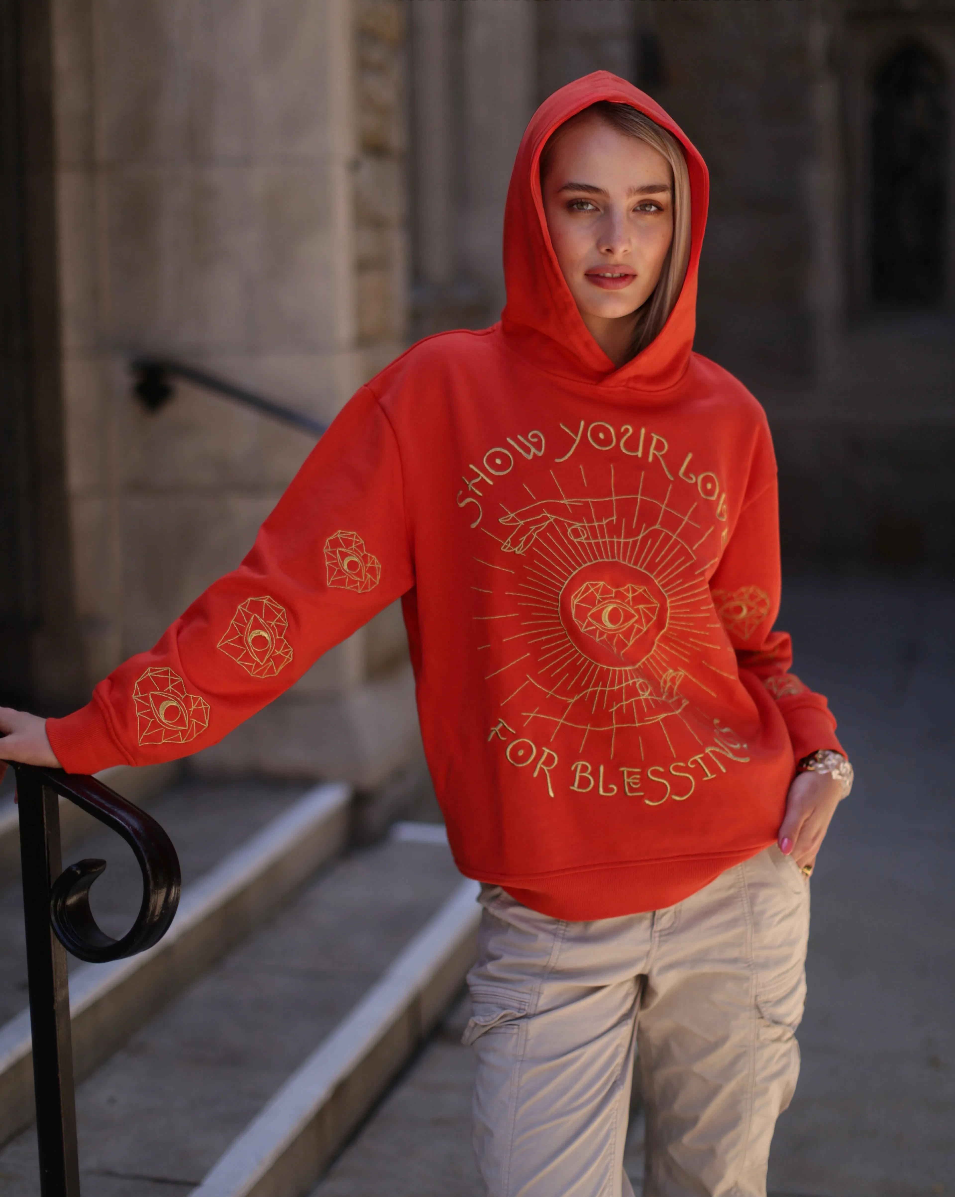 ‘Love For Blessings’ Embroidered Affirmation Hoodie - Orange