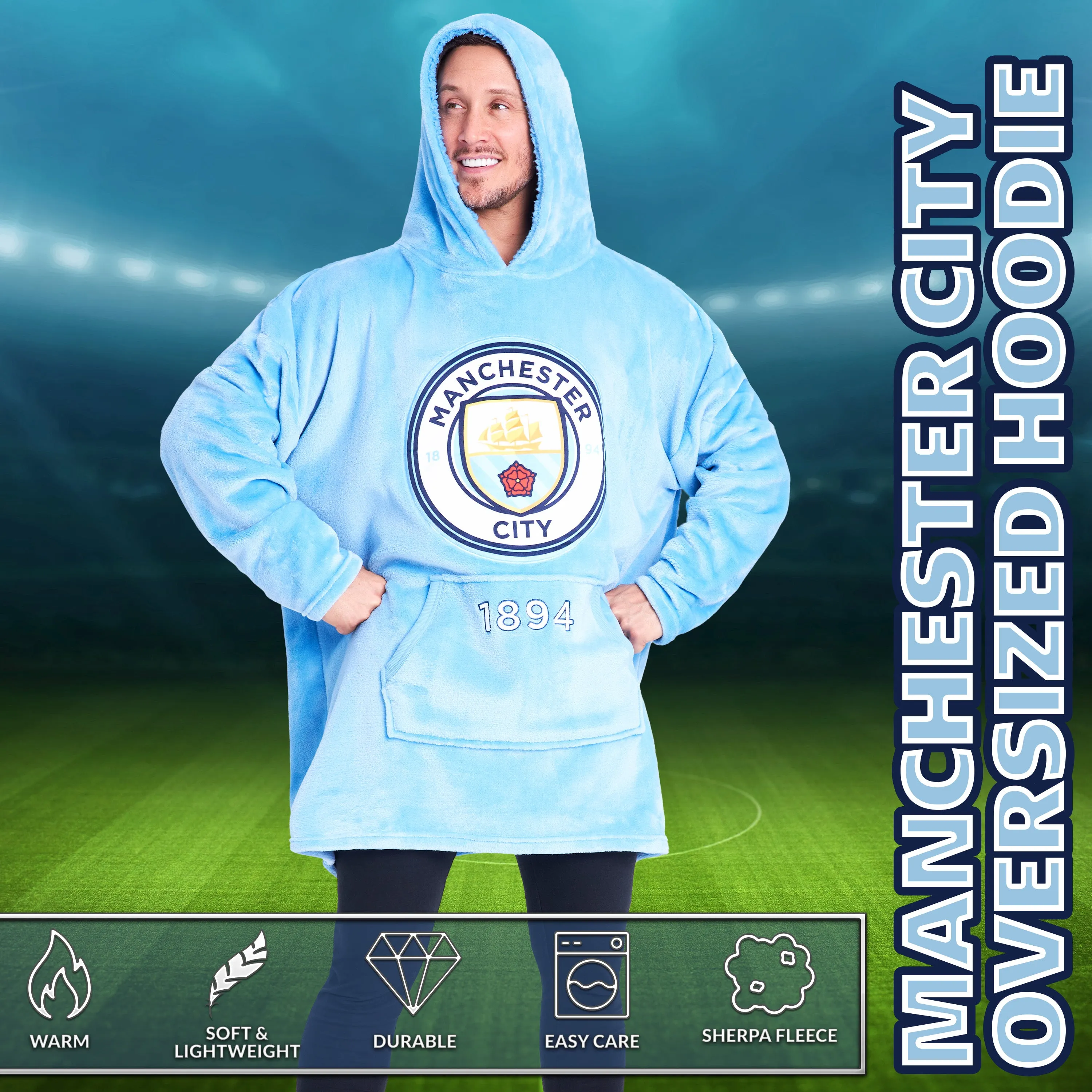 MANCHESTER CITY FC Mens Hoodies, Fleece Oversized Hoodie Blanket, Football Gifts for Men Blue