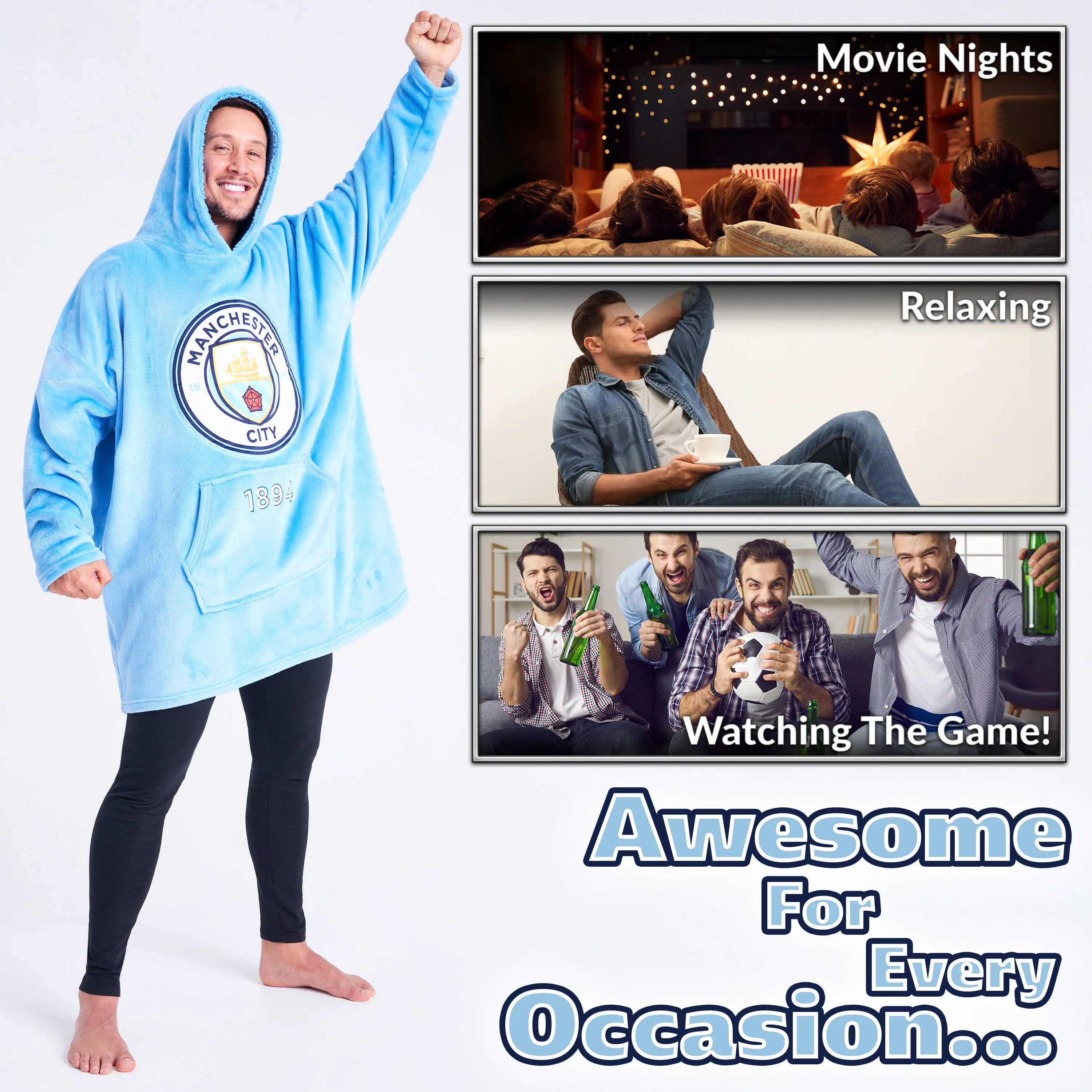MANCHESTER CITY FC Mens Hoodies, Fleece Oversized Hoodie Blanket, Football Gifts for Men Blue