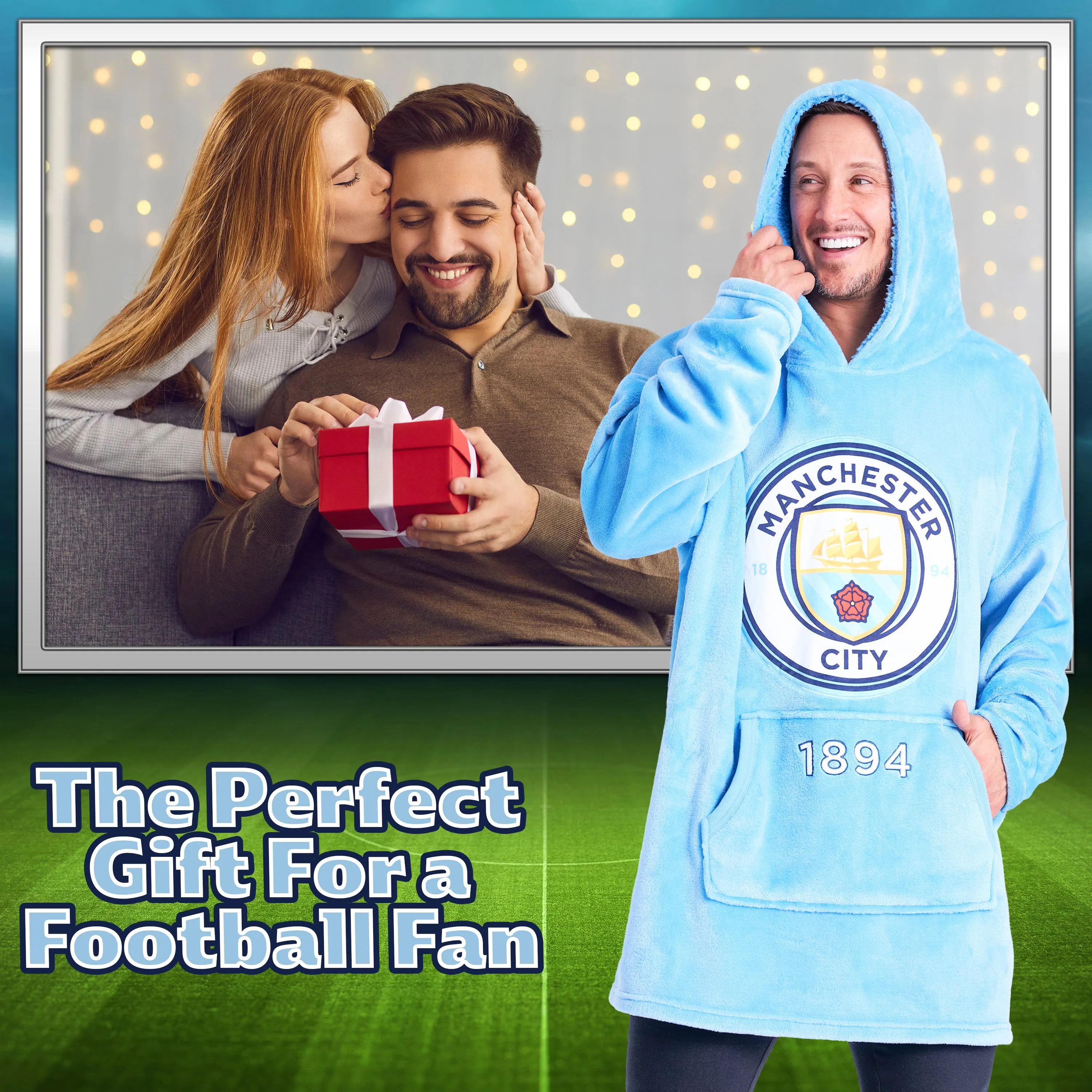 MANCHESTER CITY FC Mens Hoodies, Fleece Oversized Hoodie Blanket, Football Gifts for Men Blue