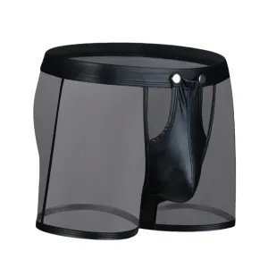 Men’s Mesh & PU Leather Snap Boxer Shorts