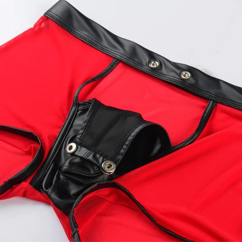 Men’s Mesh & PU Leather Snap Boxer Shorts