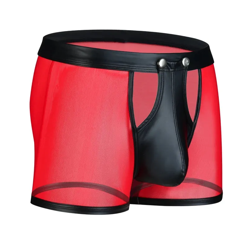 Men’s Mesh & PU Leather Snap Boxer Shorts