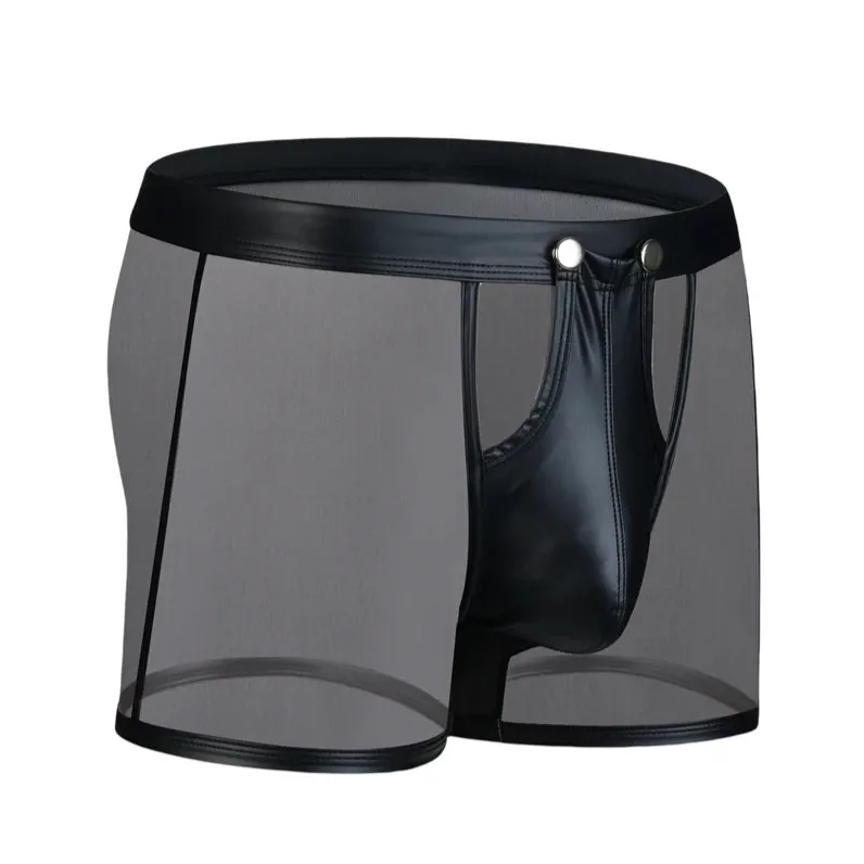 Men’s Mesh & PU Leather Snap Boxer Shorts