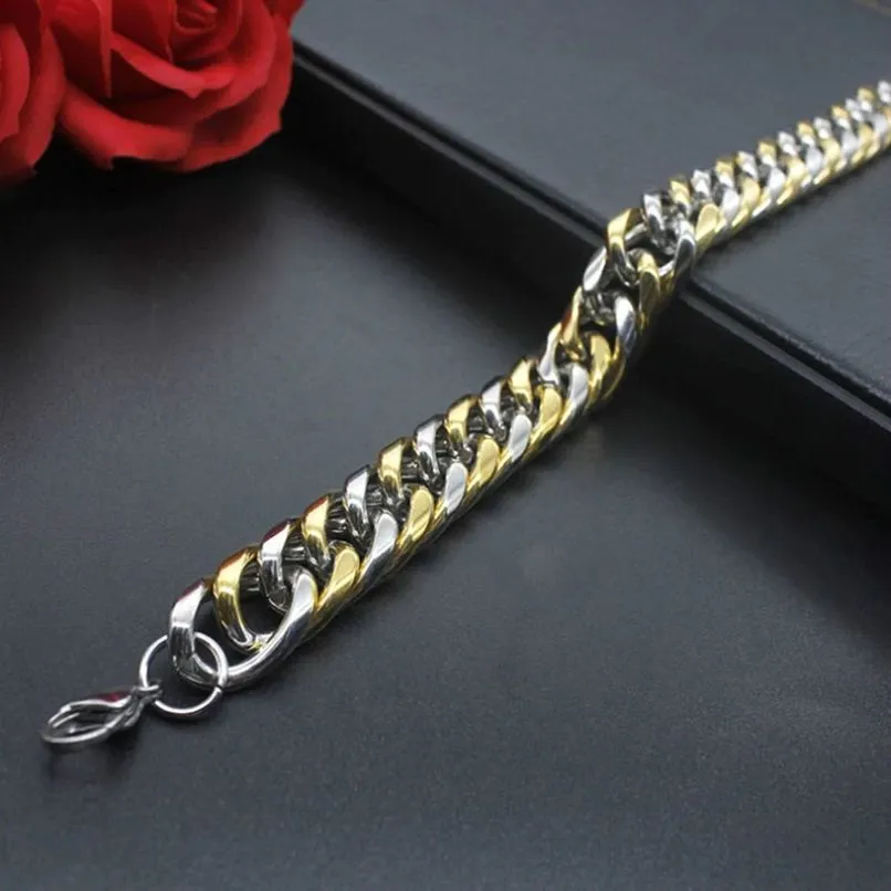 Men's Two Tone 3D Curb Gold Silver Bracelet - 316L Stainless Steel, Stylish and Eye-Catching Design