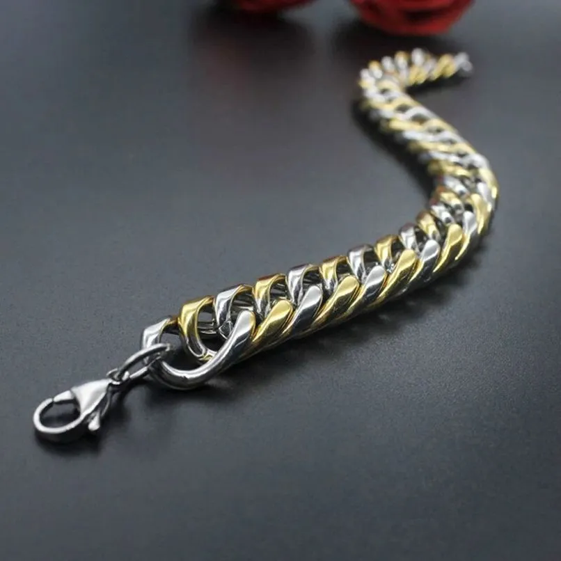 Men's Two Tone 3D Curb Gold Silver Bracelet - 316L Stainless Steel, Stylish and Eye-Catching Design