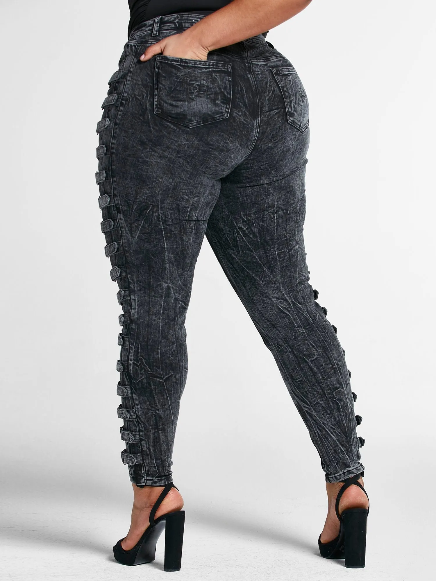 Mid Rise Side Buckle Skinny Jeans
