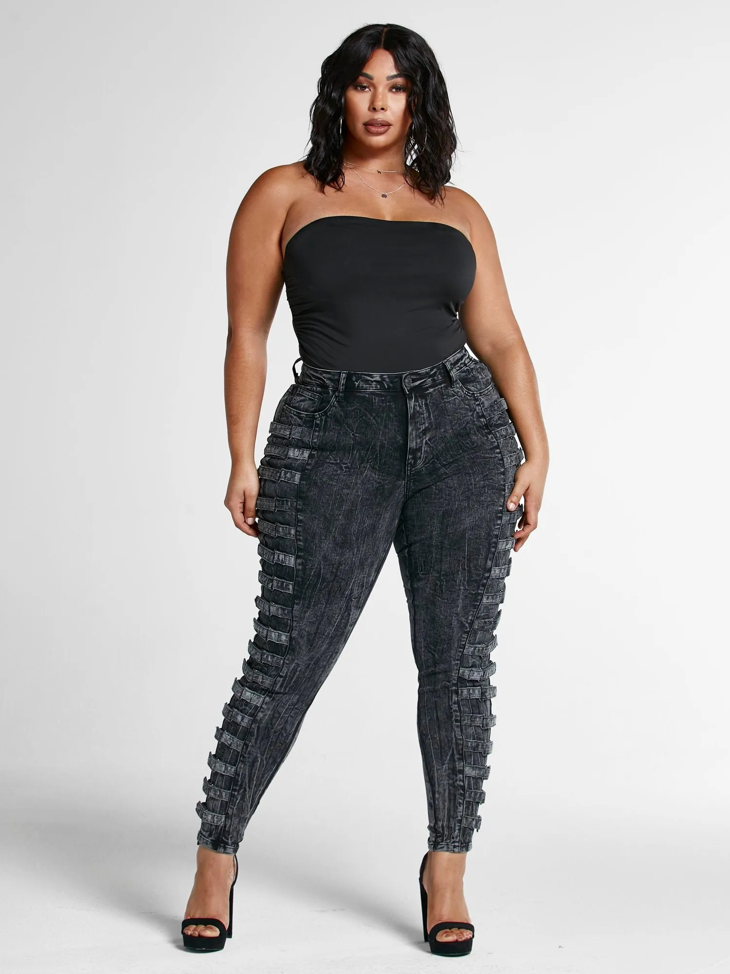 Mid Rise Side Buckle Skinny Jeans
