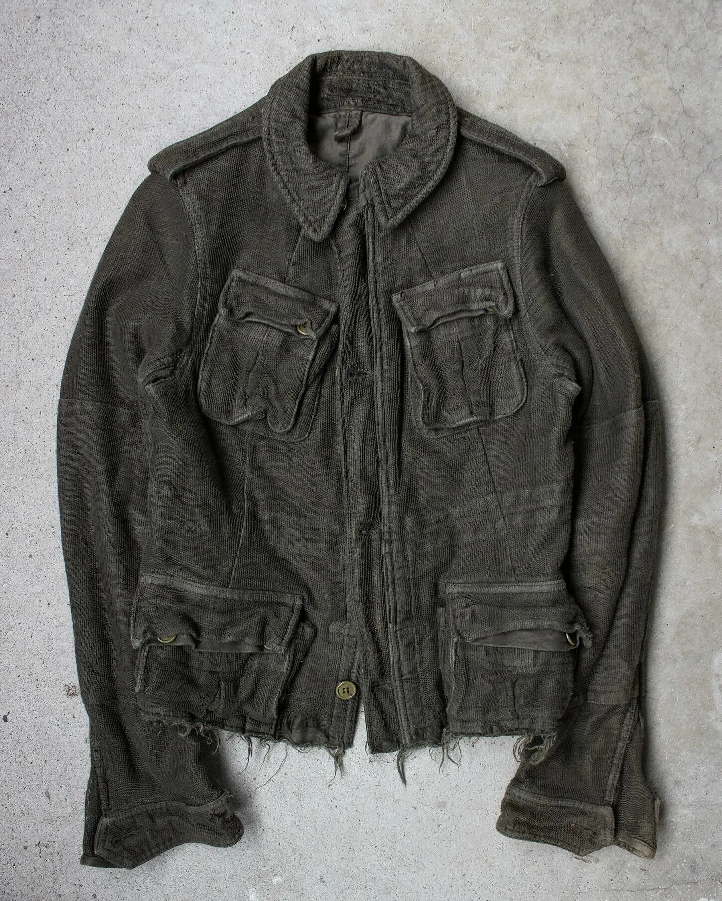 MiharaYasuhiro AW05 Distressed Layered Mesh Military Jacket (Olive)