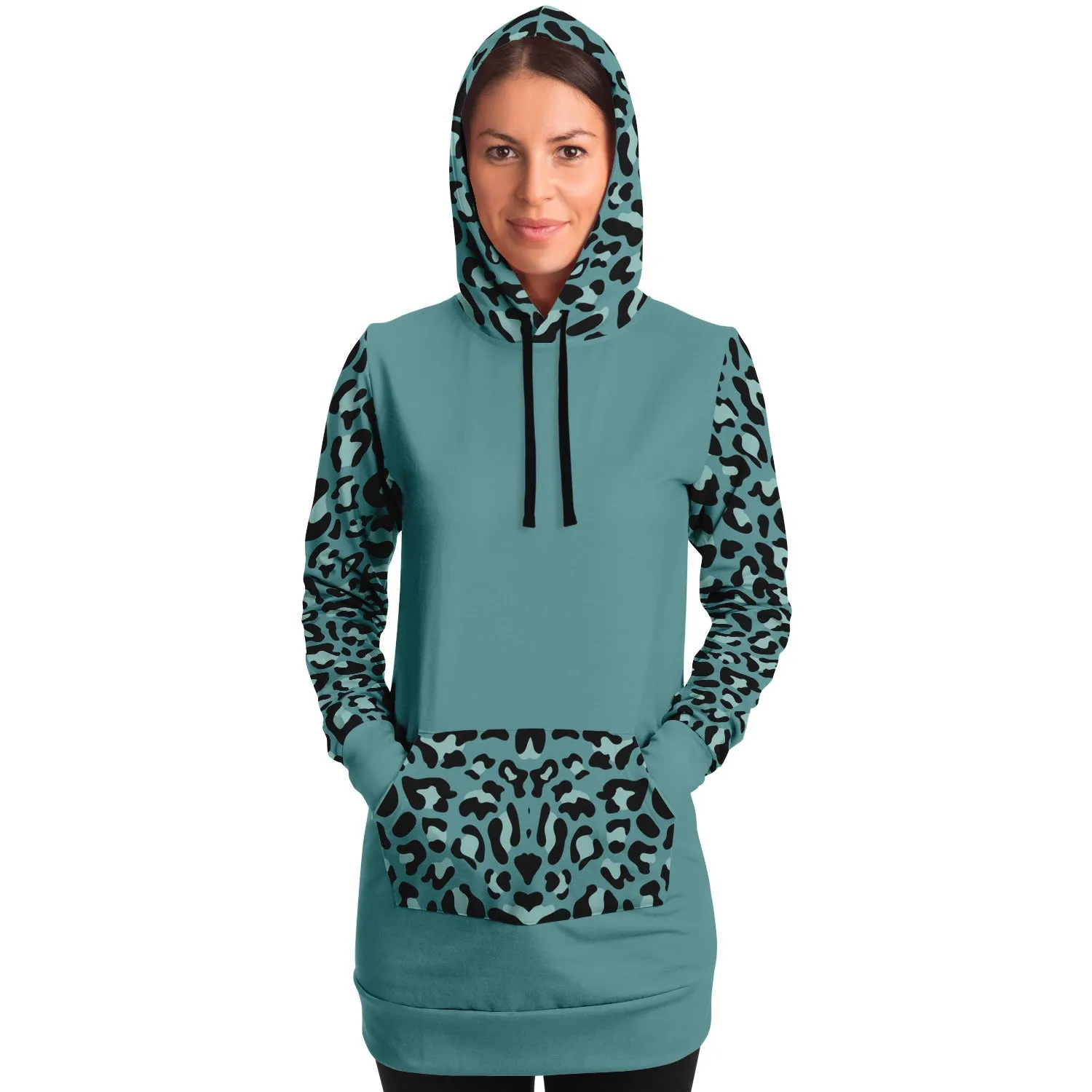 Minty Teal Longline Hoodie Dress With Leopard Print Sleeves, Hood and Pocket